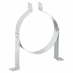 Steel duct hanger designed to support round ducts with a 5-inch diameter. Includes clamping hardware for secure installation. Measures 8 inches in length and 7 3/4 inches in width. Suitable for suspending ductwork in HVAC ventilation systems.