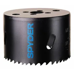 This SPYDER hole saw cuts through wood, metal, and plastic. It has a 5-inch diameter, 4/6 variable teeth per inch, and a maximum cutting depth of 1 7/8 inches. The 1/2"-18 thread size attaches to compatible arbors. Suitable for creating clean holes in various materials.