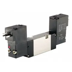 Four-way, two-position solenoid air control valve with base-mounted body and double solenoid. Operates on 24V DC with internal pilot, normally open function, solenoid return, and non-locking manual override. Used for directional control of pneumatic actuators in automated systems.