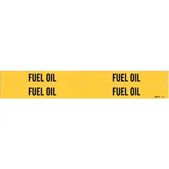 Yellow adhesive pipe marker with black legend reading 'Fuel Oil'. Designed for pipes with outer diameter from 3/4 to 2-3/8 inches. Pack includes four markers without directional arrows. Used to identify fuel oil lines in piping systems.