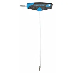 This T-shaped Torx key features a T27 tip size with a single ball end for angled access. The long shaft is made of alloy steel with a chrome finish, and the T-handle design provides comfortable grip. Suitable for tightening or loosening Torx fasteners in confined spaces where straight alignment is difficult.