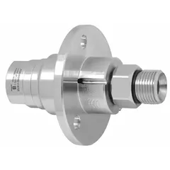 Single-passage rotating joint for air, constructed with a nickel-plated C38500 brass body and a ceramic seal. Features a 3/8 in rotating shaft and supports speeds up to 2000 RPM. Commonly used to transfer air from a stationary supply to rotating machinery in packaging, printing, and material handling equipment.