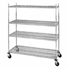Mobile wire shelving unit for dry storage applications. Features four shelves, chrome steel construction with a silver finish, and four casters (two swivel with brakes, two rigid) with rubber wheels. Dimensions: 36 in x 24 in x 69 in. Suitable for organizing supplies or packaged goods in commercial or retail environments.