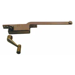 This left-hand crank window operator is designed for casement windows and mounts to the frame. It includes a crank handle and features a copper-plated brown finish. The base length is 4-3/4 inches. Suitable for residential or commercial window maintenance and repair.