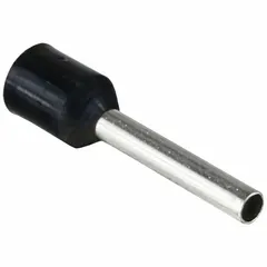 Insulated ferrule for terminating stranded wire into terminal blocks. Black nylon construction, 0.08 in ferrule diameter, accepts 16 AWG max wire size, holds 1 wire. Used to prevent wire fraying and ensure secure connections in control panels and industrial equipment.
