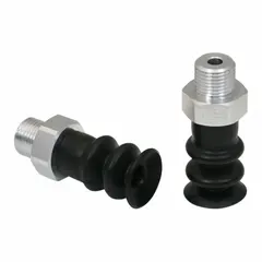 Multi-bellows vacuum pad assembly with 2.5 folds, G1/8 in connection, 15.5 mm pad diameter, and 28.8 mm pad height. Made of NBR material with 55 A durometer hardness, black. Used in automated handling systems for picking and placing small, delicate components.