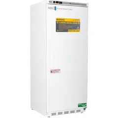 Upright flammable storage freezer with 20 cu ft capacity, temperature range -25°C to -15°C, manual defrost, and right door hinge. Designed for safe storage of flammable materials in laboratory and industrial settings.