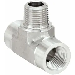 316 stainless steel tee with 3/8 in x 3/8 in x 3/8 in run x run x branch configuration. Rated for 4,500 psi. Used in extreme-pressure threaded piping systems for branching fluid or gas flow in industrial hydraulics, pneumatics, and process lines.