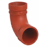 This 90° grooved pipe elbow is made of ductile iron and sized 4 in x 4 in. It is rated for a maximum operating pressure of 300 psi at 150° F. Used in industrial piping systems to change flow direction, it is suitable for applications such as fire protection, HVAC, and process water lines