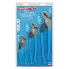 Self-adjusting tongue and groove pliers set with serrated jaws. Maximum jaw openings of 1-1/2 in, 7/8 in, and 2-1/4 in. Used for gripping, turning, and clamping nuts, pipes, and fittings in plumbing, mechanical, and industrial maintenance applications.
