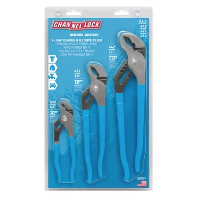 CHANNELLOCK Tongue and Groove Plier Set: V, Self Adjusting, 1 1/2 in_7/8 in_2 1/4 in Max Jaw Opening - Tongue & Groove Pliers Sets