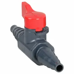PVC ball valve with 1/4 in barb x barb connections for flexible tubing. Straight two-way configuration with lever handle. Rated for 150 psi CWP. Suitable for flow control in low-pressure water and chemical service.