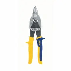 This straight-cut aviation snip from IRWIN features steel blades and a multi-component handle with vinyl grip. With a 9-inch overall length and 3/4-inch cutting length, it is designed for cutting 18-gauge stainless steel and other sheet metals. Suitable for straight-line cuts in HVAC, metal fabrication, and automotive repair applications.