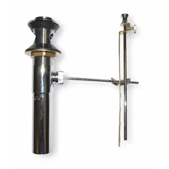 This pop-up drain is constructed of chrome-plated brass with a lever-activated stopper for opening and closing the drain. It includes a lift knob and rod, has an overall height of 8 1/8 inches and an overall diameter of 2 1/8 inches, and uses a slip connection for installation. Suitable for use in sink basins where a manual drain control is required.