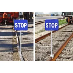 This aluminum sign stand is designed to hold signs measuring 12 in x 15 in. Constructed entirely of aluminum, it provides a lightweight yet sturdy platform for displaying warning or informational signage in railroad and worksite environments.