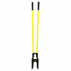 This post hole digger features a steel blade for cutting through soil and clay, and a 48-inch straight fiberglass handle that provides strength and reduces weight. It is used for digging narrow, deep holes for fence posts, signposts, and deck supports in landscaping and construction.