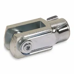 Steel clevis mounting hardware for connecting a cylinder rod to a clevis pin, enabling pivoting motion. Fits 20 mm bore diameter. Overall length 40.5 mm, overall width 16 mm. Used in pneumatic and hydraulic actuator assemblies.