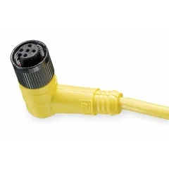 Single-ended cordset with yellow PVC jacket for flexing applications. Features an M12 female right-angle connector on one end and bare wire on the other. Rated IP68 and NEMA 6P, with 22 AWG wire and 4 A max current. Suitable for connecting sensors and actuators in industrial environments.