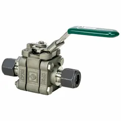 This Parker ball valve features a straight-body, three-piece design with sweat x sweat connections. Constructed from 316 stainless steel, it includes a locking lever handle for secure operation. Suitable for on/off flow control in industrial piping systems requiring corrosion resistance.