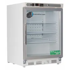 AMERICAN BIOTECH SUPPLY Lab Refrigerator: 4.6 cu ft, Undercounter, 1°C to 10°C, 25 1/2 in Overall Dp (MPN ABT-HC-UCBI-0404G). Key specifications — Door Opening Style: Right; Color: White; Alarm Type: Temperature; Manufacturer Part Number: ABT-HC-UCBI-0404G; Brand: AMERICAN BIOTECH SUPPLY; Product Type: Lab Refrigerator; Door Type: Swing Glass; Refrigerant Type: R-600a.