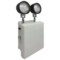 This BIG BEAM emergency light provides LED illumination during power outages. It features a fiberglass housing rated NEMA 4X and Food Safe, suitable for wet locations and areas requiring frequent sanitation. The unit operates on 120/277V AC, delivers 18W emergency power, and includes two lamp heads with back mount installation.