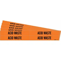 Orange adhesive pipe marker with black 'Acid Waste' legend, designed for identifying acid waste piping. Fits pipe outer diameters from 3/4 to 2-3/8 inches. Pack includes 4 markers, sold in a 5-pack. No directional arrows.