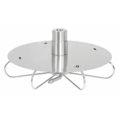 Manhole cleaner with a stainless steel housing and 1/2 in NPTF inlet. Includes two nozzles and a protective plate. Used for cleaning manhole surfaces in industrial and municipal settings.