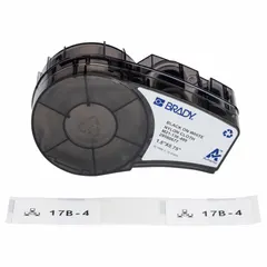 Thermal transfer precut label roll cartridge for M210-LAB printer series. Contains 91 labels of 3/4 in x 1 1/2 in, made from halogen-free acrylic with permanent adhesive. Suitable for industrial identification and asset labeling applications.