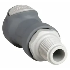 This polypropylene quick-disconnect tube fitting features a 1/4 in pipe size with NPT x MNPT connection type. The gray polypropylene construction provides corrosion resistance for fluid handling systems. Typical applications include chemical transfer, water treatment, and food processing where rapid connection and disconnection of lines is required.