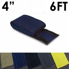 This fabric cable floor cover is 4 inches wide and 6 feet long, made of blue nylon with a hook-and-loop closure. It is used to manage and protect cables across walkways or work areas, reducing trip hazards and shielding cables from foot traffic.
