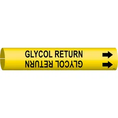 Yellow snap-on pipe marker with black legend reading 'Glycol Return' and directional arrows. Fits pipe outer diameters of 4 to 6 inches. Used to identify glycol return lines in industrial piping systems for HVAC, refrigeration, and process cooling applications.