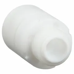 Parker PTFE poppet check valve with 1/4 inch female NPT connections on both ends. Constructed entirely of PTFE for corrosion resistance, this valve is suited for backflow prevention in piping systems handling corrosive media such as acids and caustic fluids.