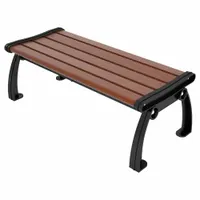 This vandal-resistant resinwood bench features a brown plank seat and black frame. Overall length is 48 inches, height is 17 inches. Suitable for public parks, campuses, and commercial sites requiring durable, low-maintenance seating