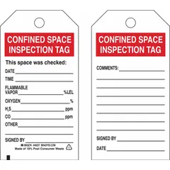 Black confined space inspection tag with cable tie fastener, supplied in a pack of 25. Tag includes preprinted fields for date, time, flammable vapor check, comments, and signature. Used to document confined-space inspections and attach to equipment or entry points.