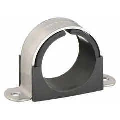 This vibration-dampening strap clamp is constructed from 304 stainless steel for corrosion resistance. It accommodates 3-inch pipe, 3 3/5-inch copper tube, or items with a maximum outer diameter of 3 1/2 inches. Used in industrial piping systems to secure and support pipes while reducing vibration.