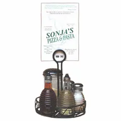 This wrought-iron condiment rack in black finish has an overall height of 9 inches. It is used to organize condiment bottles and jars in commercial kitchens, cafeterias, and food-service stations.