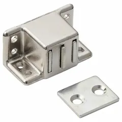 Magnetic push-to-close catch with pull opening action. Constructed of steel. Measures 7/8 in height and 1 9/16 in width. Used to hold cabinet doors, access panels, and enclosures securely closed.
