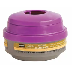 Threaded combination cartridge/filter in Magenta/Olive color. Provides protection against chlorine gas, mercury vapor, and P100 particulates. Compatible with NORTH 5400, 5500, 7600, 7700, RU6500, and RU8500 series reusable respirators. Supplied as 1 pair.