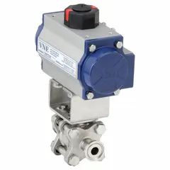 This pneumatically-actuated ball valve features a 316 stainless steel three-piece construction with an average surface roughness (Ra) of less than 0.6 micron, meeting 3A Sanitary Standards. Designed for hygienic flow control in processing environments requiring cleanability and corrosion resistance. Pilot solenoid voltage is not included.