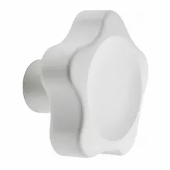 This ELESA cabinet knob is a round-grip handle made of thermoplastic with a matte finish. It has a 2 3/8 in grip diameter and is designed for hand-operated pull or turn applications on industrial enclosures, machine guards, and control panels. Hardware is not included.
