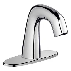 Single-post sensor faucet with cast brass construction and polished chrome finish. Centerset design includes a 4" cover plate. Suitable for touch-free hand washing in commercial restrooms and public spaces.