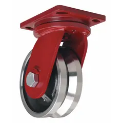 Swivel plate caster with a steel V-groove track wheel, 8 in diameter and 4 in width. Mounting height is 10 1/2 in. Designed for use on concrete surfaces and V-groove track systems in material handling and plant maintenance applications.