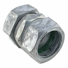 Zinc compression coupling for joining EMT conduit in electrical systems. Rain-tight design suitable for outdoor or damp locations. Unfinished, non-insulated. Complies with UL-514B. Trade size 3/4 in.