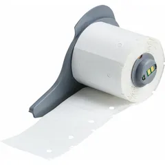 White polyethylene tag roll, 1 1/8 in x 1 3/4 in, matte finish, 250 tags per roll. Designed for outdoor use and compatible with BMP71 printer. Used for industrial identification, asset tracking, and pipe marking.