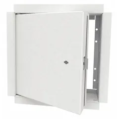 This steel locking access door is designed for wall mounting, providing secure entry to mechanical, electrical, or plumbing systems. It features a 24-inch square opening, concealed hinge, and drywall bead flange. The door is constructed from 20-gauge steel with a white finish.