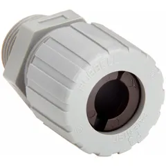 Straight nylon cable grip with 3/4 in MNPT box connection, accepting cord diameters from 0.50 in to 0.63 in. Gray body with brown color-coded grommet, rated IP66 and Class II, Division 1 & 2 for hazardous locations. Overall length 2 1/8 in. Used to seal and strain-relieve electrical cables entering junction boxes or enclosures in industrial environments.