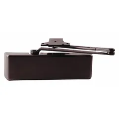 This Grade 1 heavy duty door closer is designed for interior or exterior use on commercial doors. It features a non-hold open, adjustable spring (size 6) and a regular arm for parallel or standard mounting. The bronze finish unit is ADA compliant and measures 12 1/4 inches long by 2 1/4 inches wide.