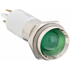 Green LED pilot light with protruding head for 12 mm panel mounting hole. Features 0.11 Male Quick Disconnect electrical connection. Used for visual status indication on industrial control panels, machinery, and equipment.