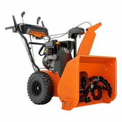 This ARIENS gas-powered snow blower is equipped with an Ariens 4-cycle engine and variable speed settings. It is designed for clearing snow from driveways, walkways, and parking areas. The unit features a 205° chute turning radius for directional snow discharge.