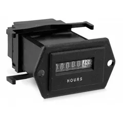 Analog electromechanical hour meter for front panel mounting with a rectangular bezel face. Tracks total operating hours for equipment such as industrial machinery, generators, pumps, and control panels. Complies with UKCA, CE, CUL, and UL standards.
